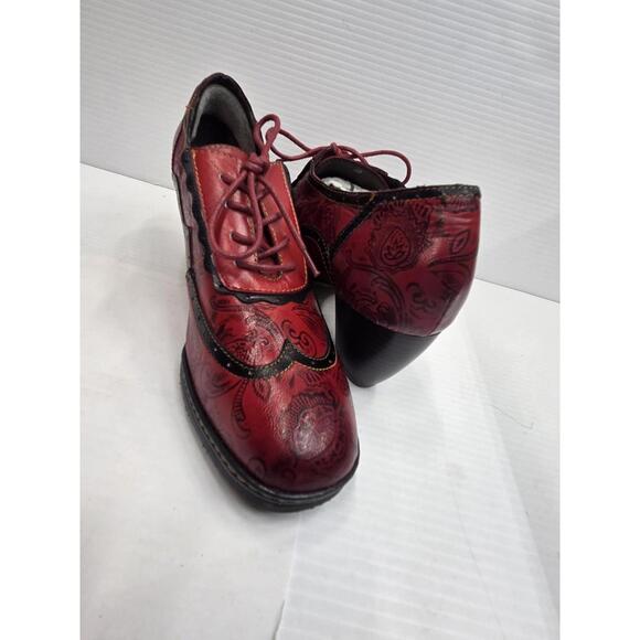 Red Paisley Heel Shoes Womens Size 39 US 8 Lace Up Leather Print Vintage Style - Picture 7 of 13